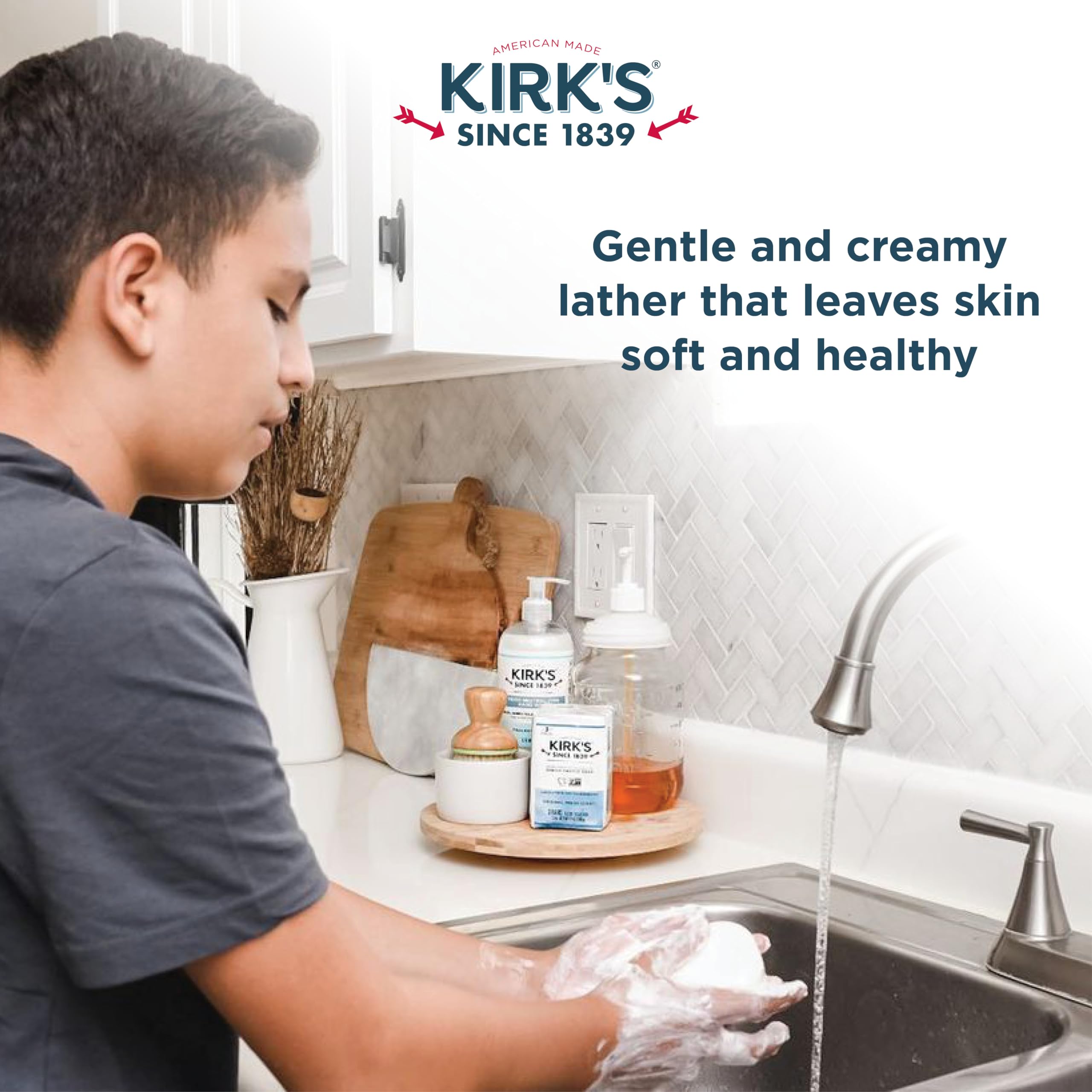 Kirk's bar on soap dish draining to extend bar life and prevent softening