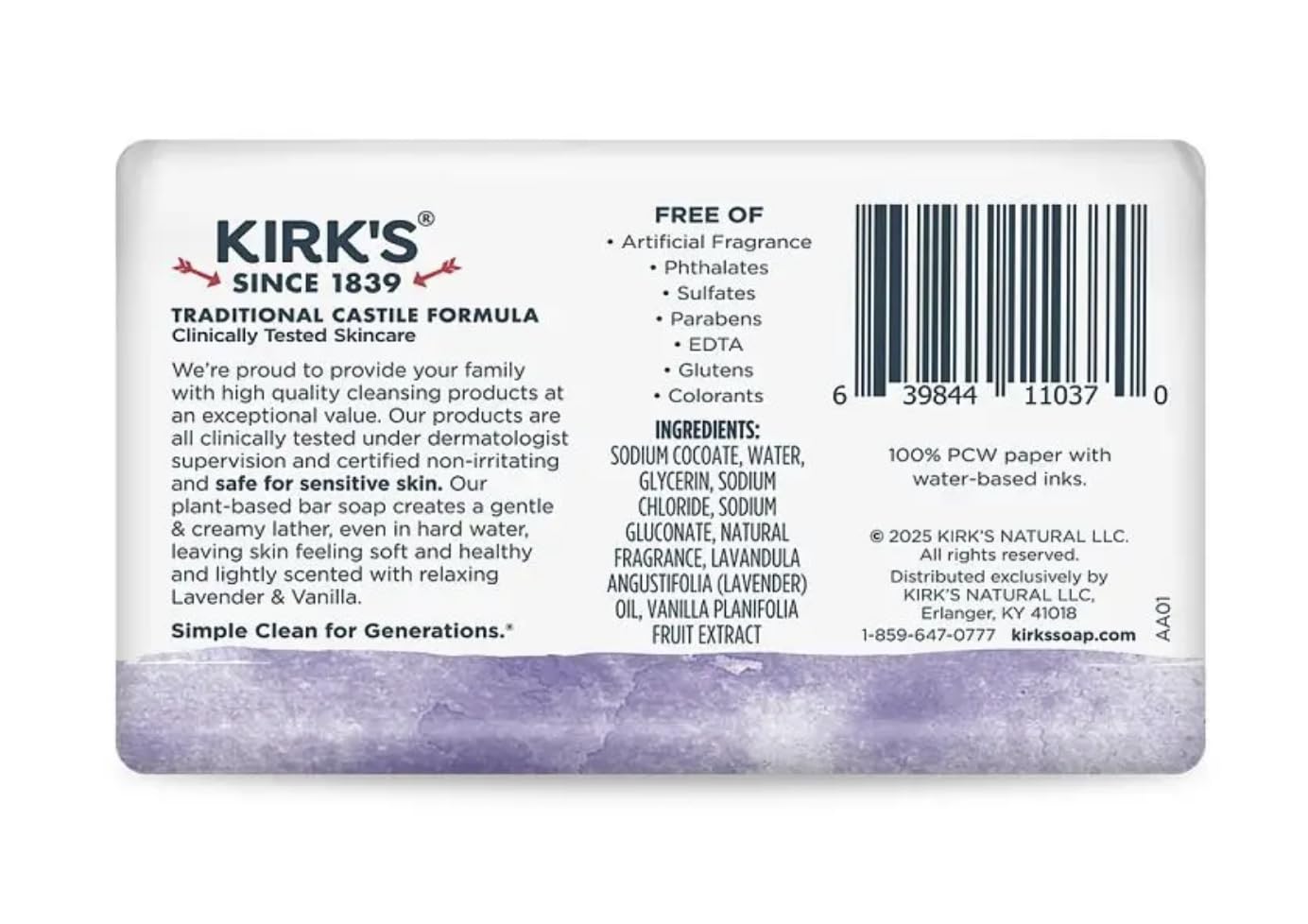 Kirk's bar soap side profile highlighting solid texture and easy handling benefit