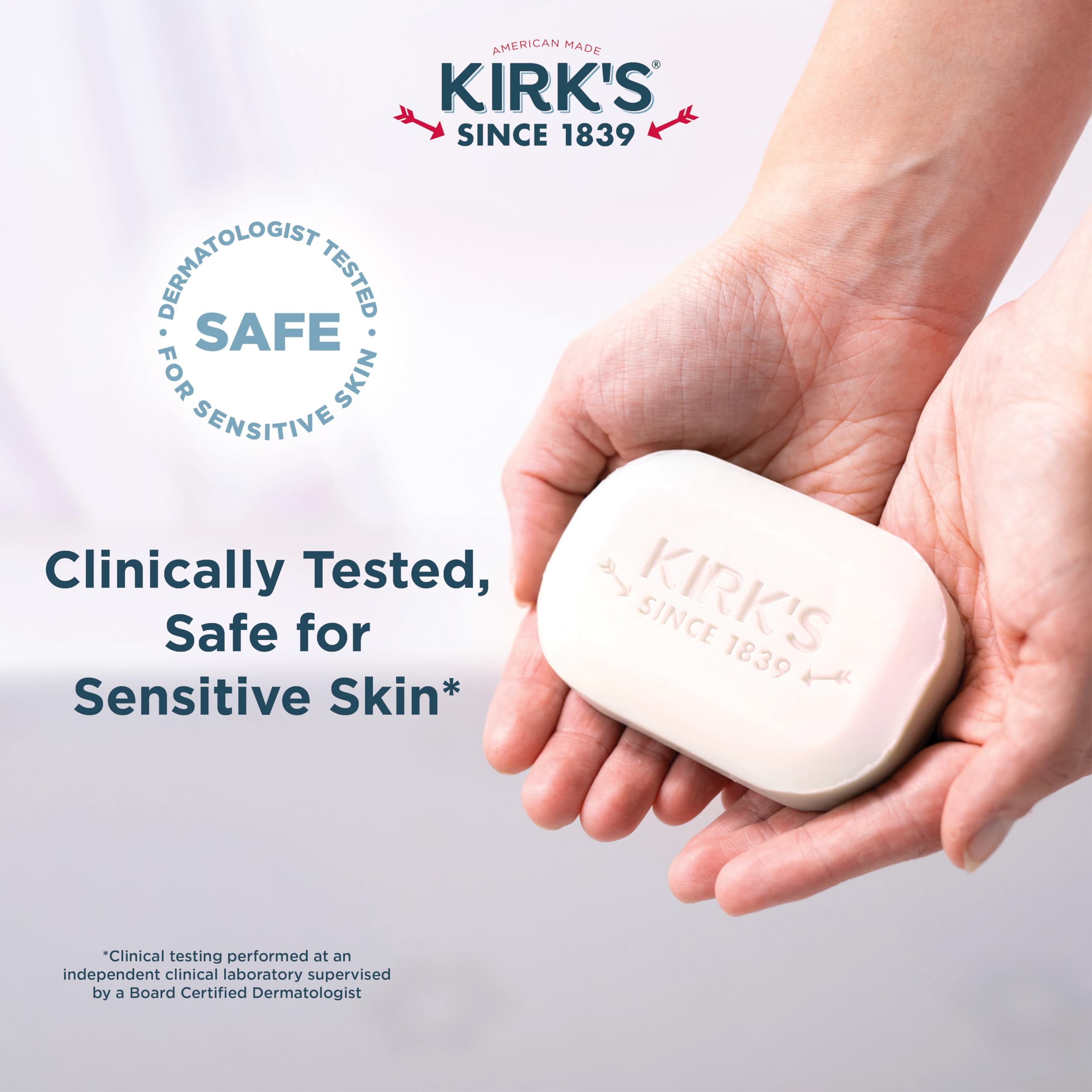 Kirk's castile bar in a hand to show 4 oz size and portable convenience for travel