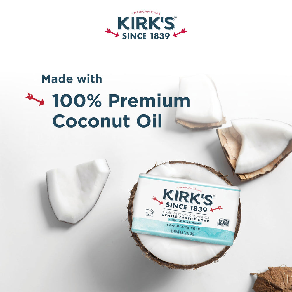 Kirk's castile bar side profile highlighting smooth texture and firm coconut-oil soap quality