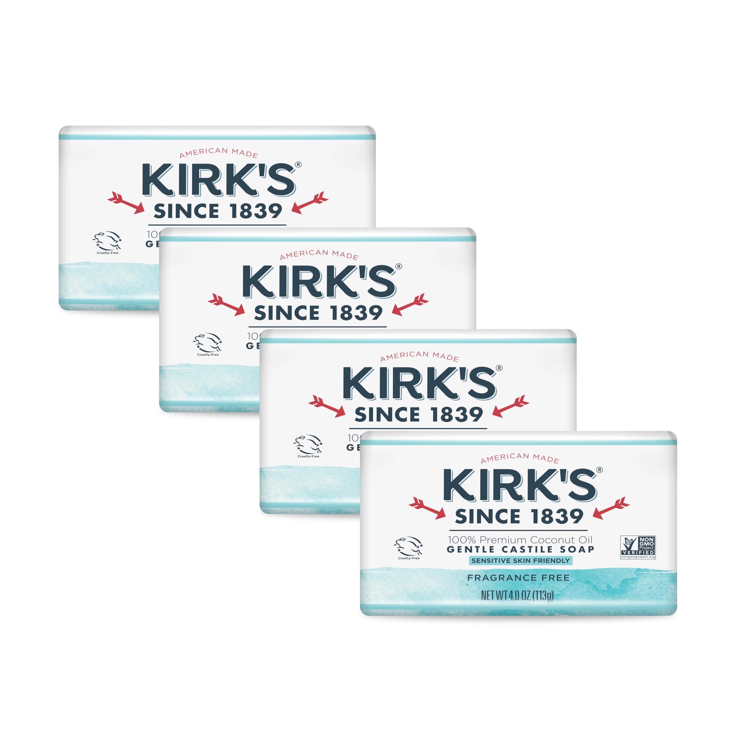 Kirk's castile front packaging showing four unscented 4 oz bars and clear labeling for easy selection
