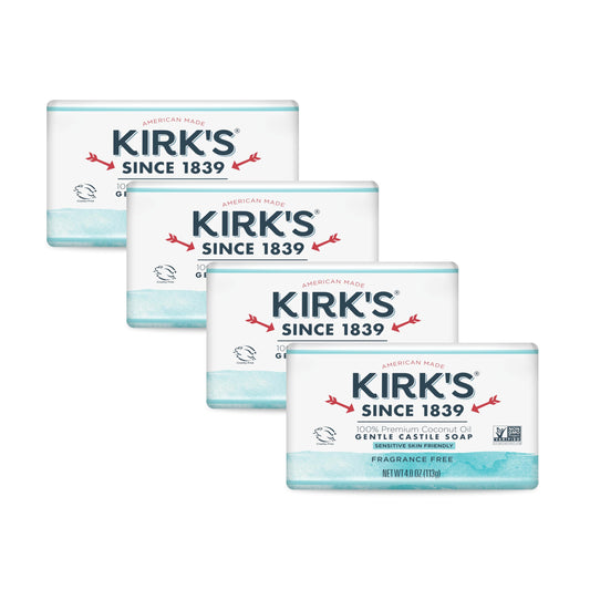 Kirk's castile front packaging showing four unscented 4 oz bars and clear labeling for easy selection
