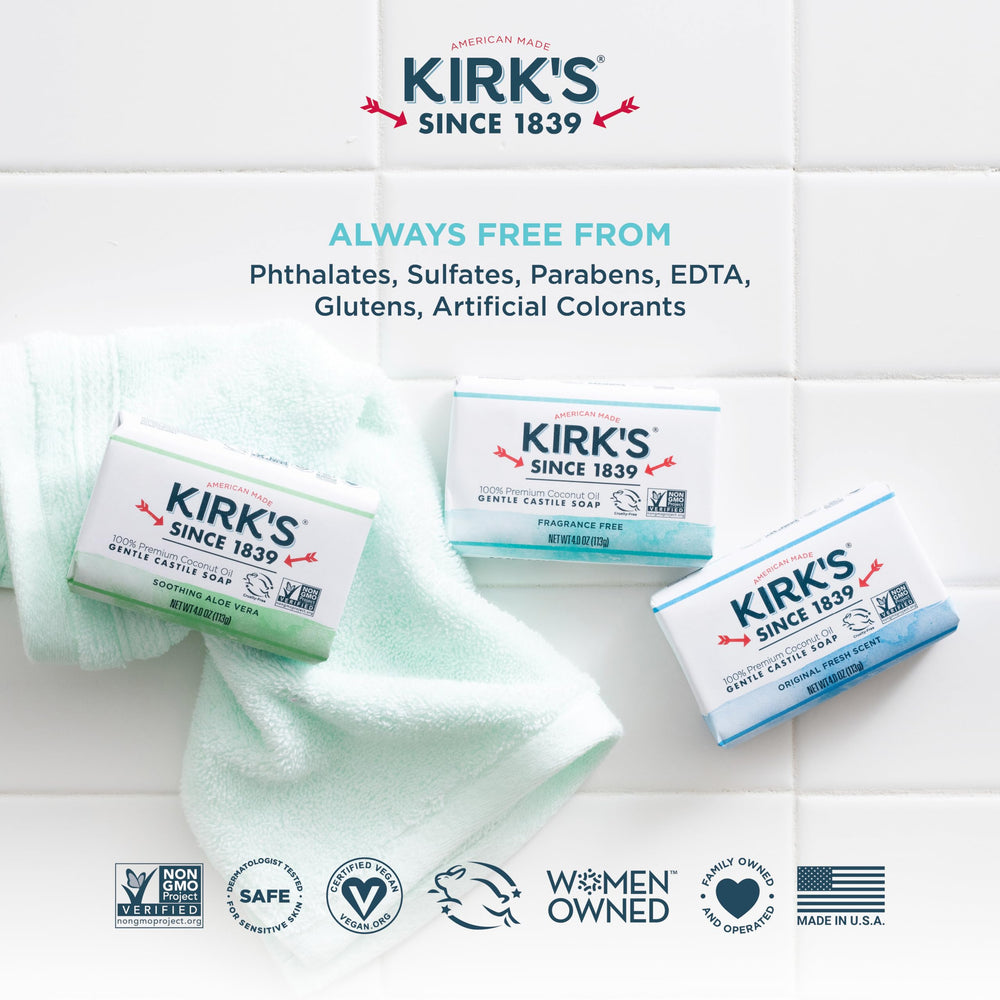 Kirk's castile packed in a toiletry bag as a travel-ready option that reduces plastic waste