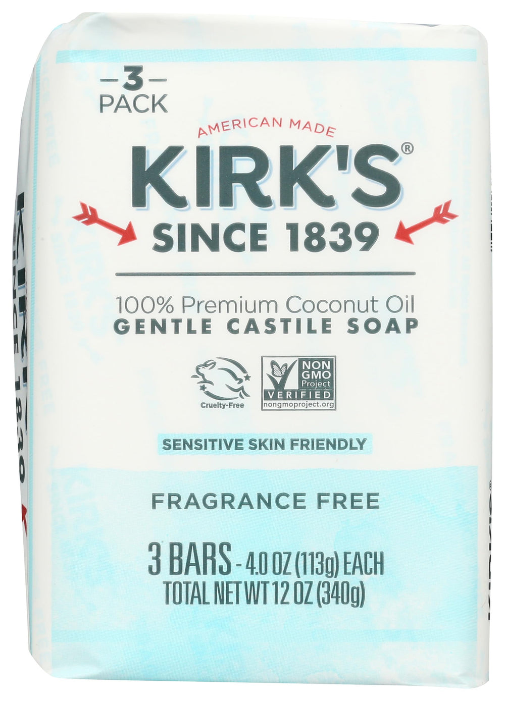 Kirk's three-pack front packaging showing vegan, unscented bars and benefits