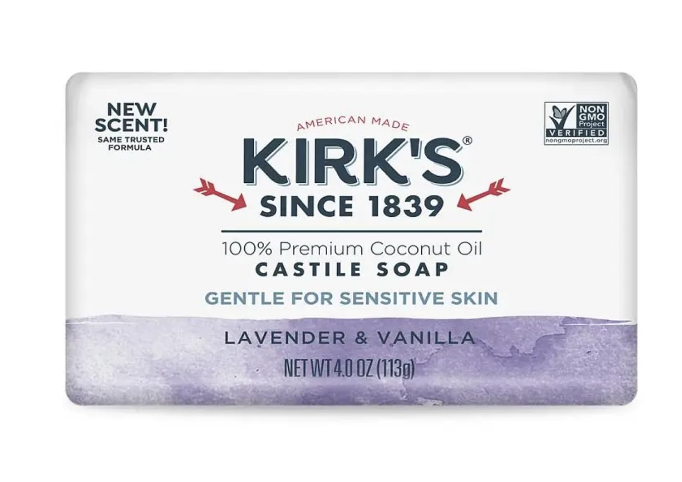 Kirk's front packaging showing lavender and vanilla scent and clean labeling benefits