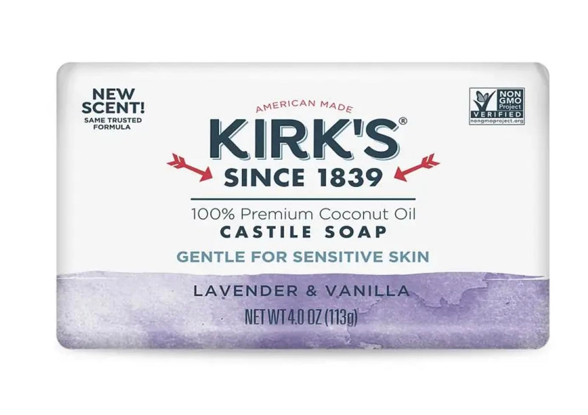 Kirk's front packaging showing lavender and vanilla scent and clean labeling benefits