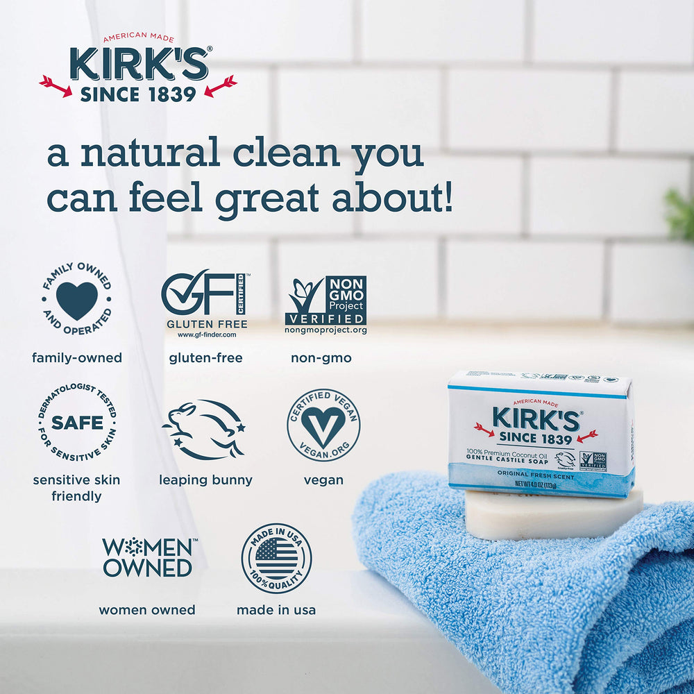 Kirk's label closeup highlighting hypoallergenic and no-detergents benefit