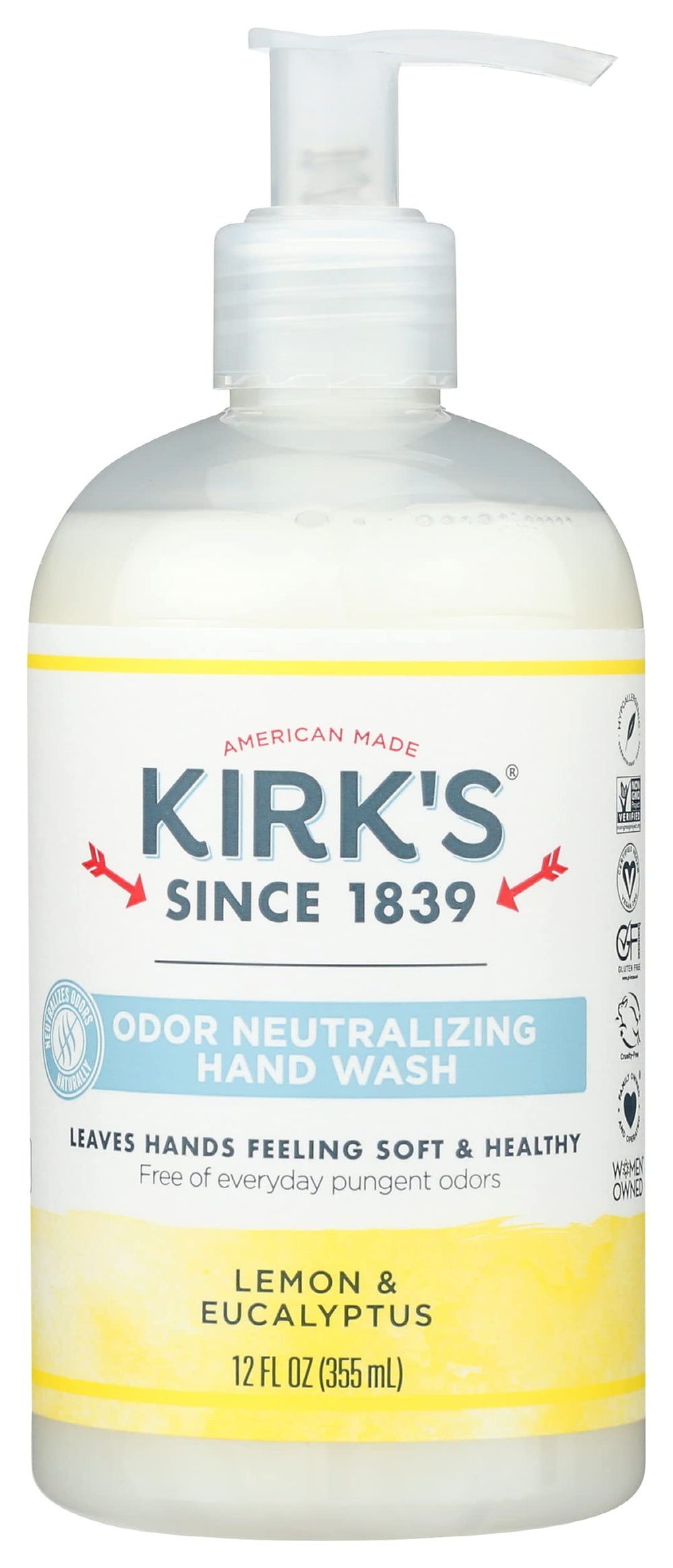 Kirk's front bottle showing lemon and eucalyptus label, fresh scent benefit