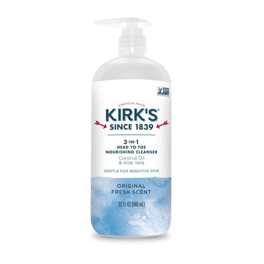 Kirk's front packaging showing 3-in-1 benefits and pump for easy use