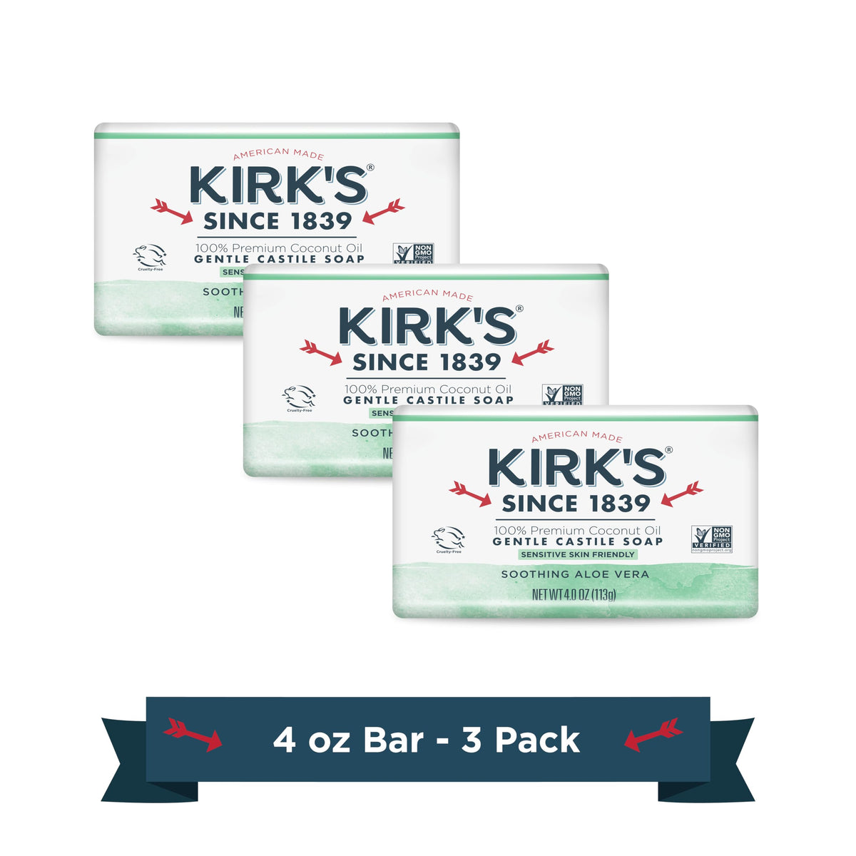Kirk's front label view showing product name and soothing aloe benefit