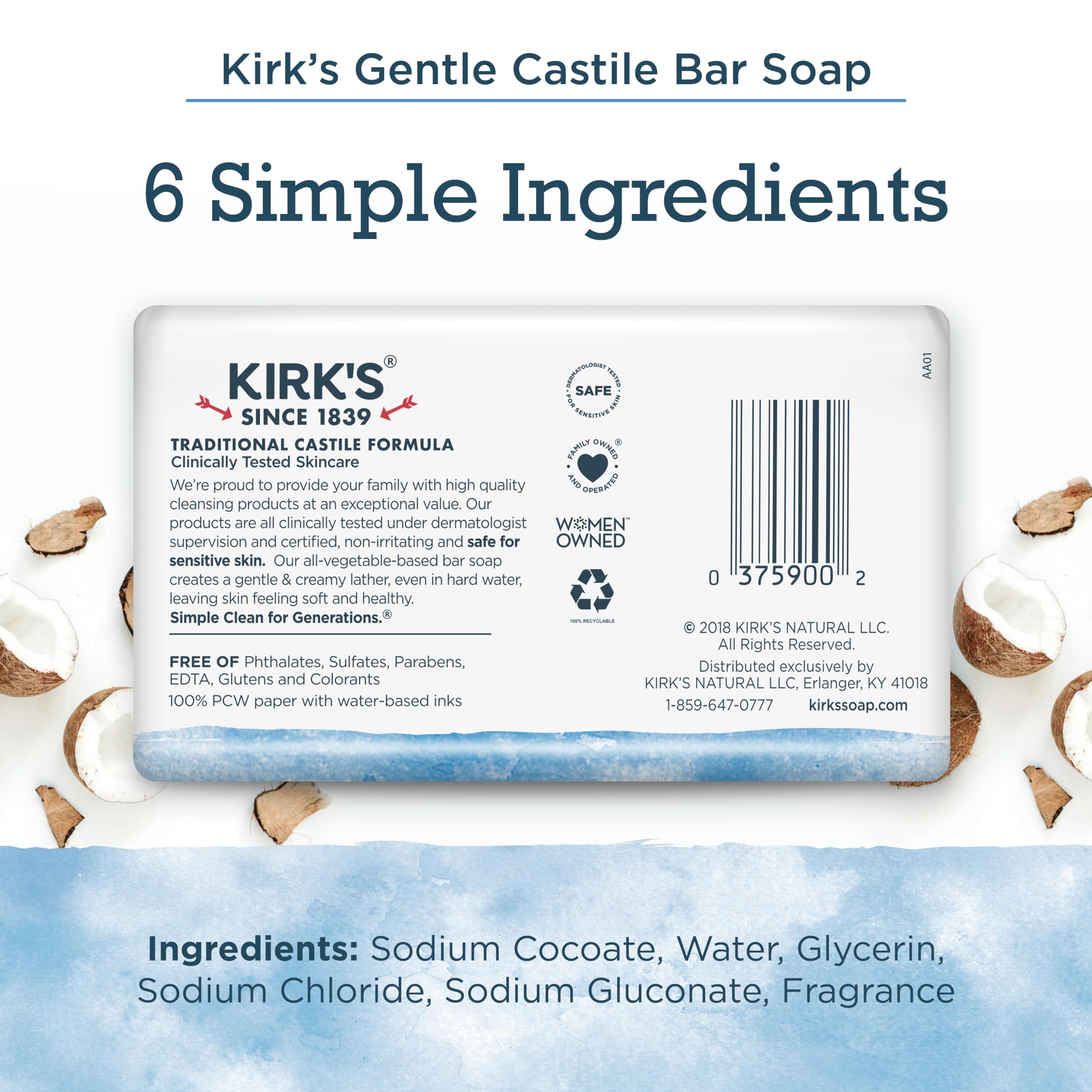Kirk's single bar close-up texture highlighting smooth coconut-based lather