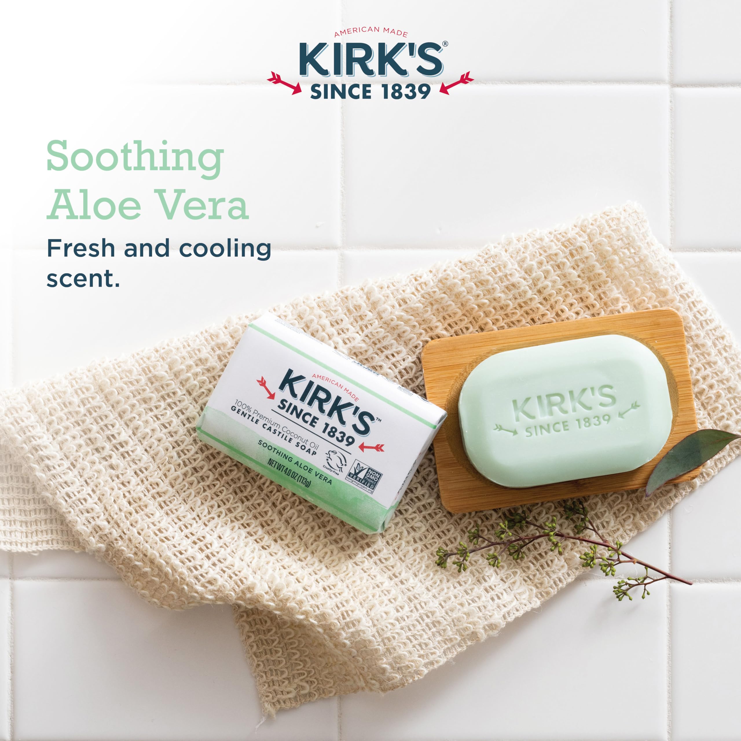Kirk's bottle placed on a bathroom shelf demonstrating portability