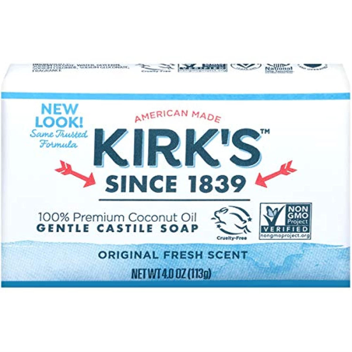 Kirk's Castile front packaging showing two 4 oz bars and clear branding for easy identification