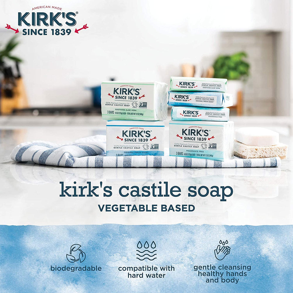 Kirk's Castile label detail focused on ingredient simplicity and original low-fragrance benefit
