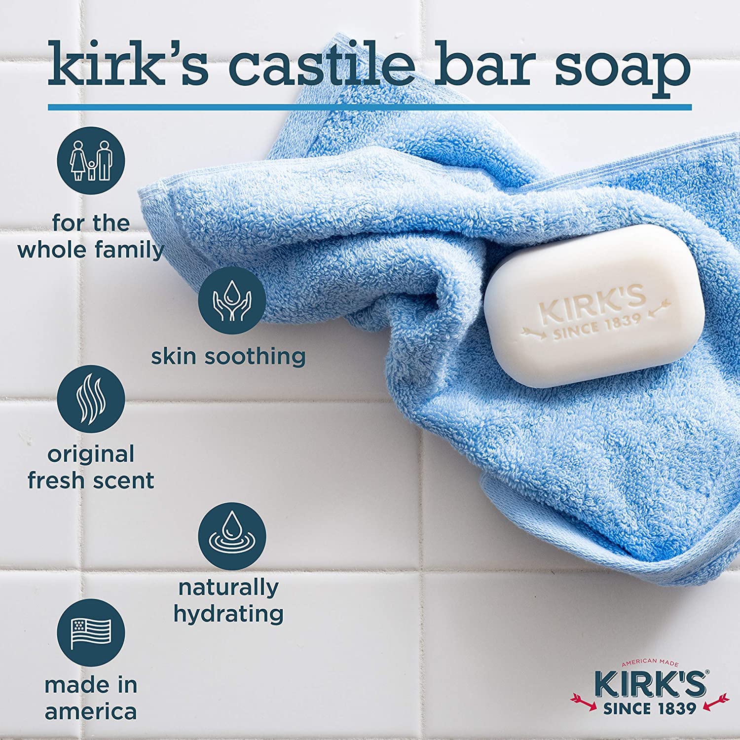 Kirk's Castile single 4 oz bar top view demonstrating compact shape and user-friendly size