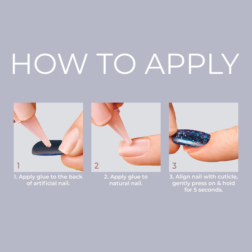Pressing a KISS nail onto a natural nail to show simple quick application