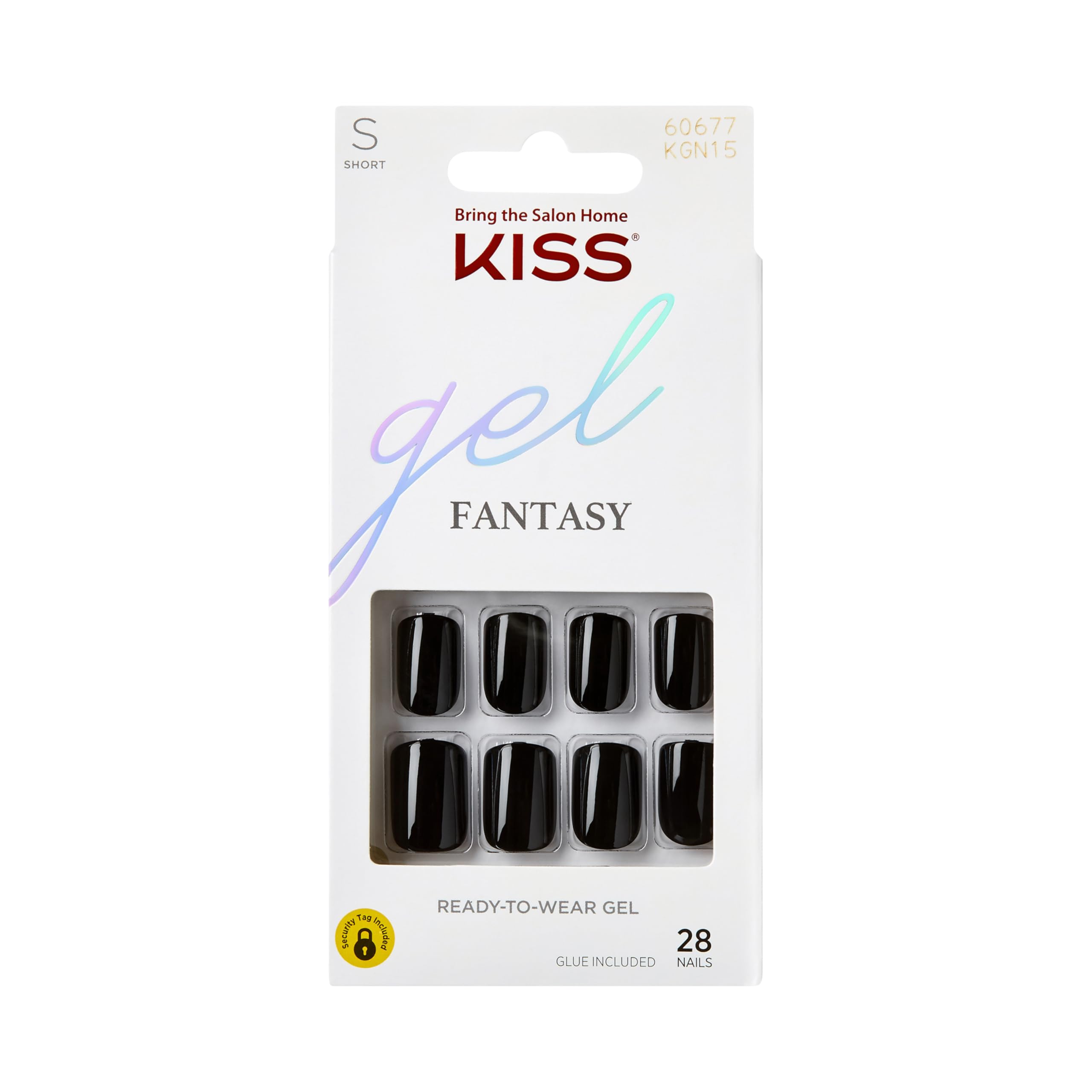 KISS packaging showing "Aim High" black nails and included tools for a salon look