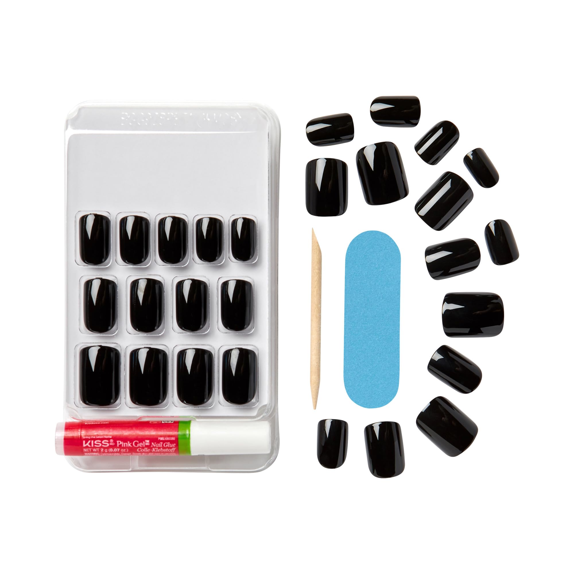 KISS kit laid out with pink gel glue, mini file, stick and nails for easy use