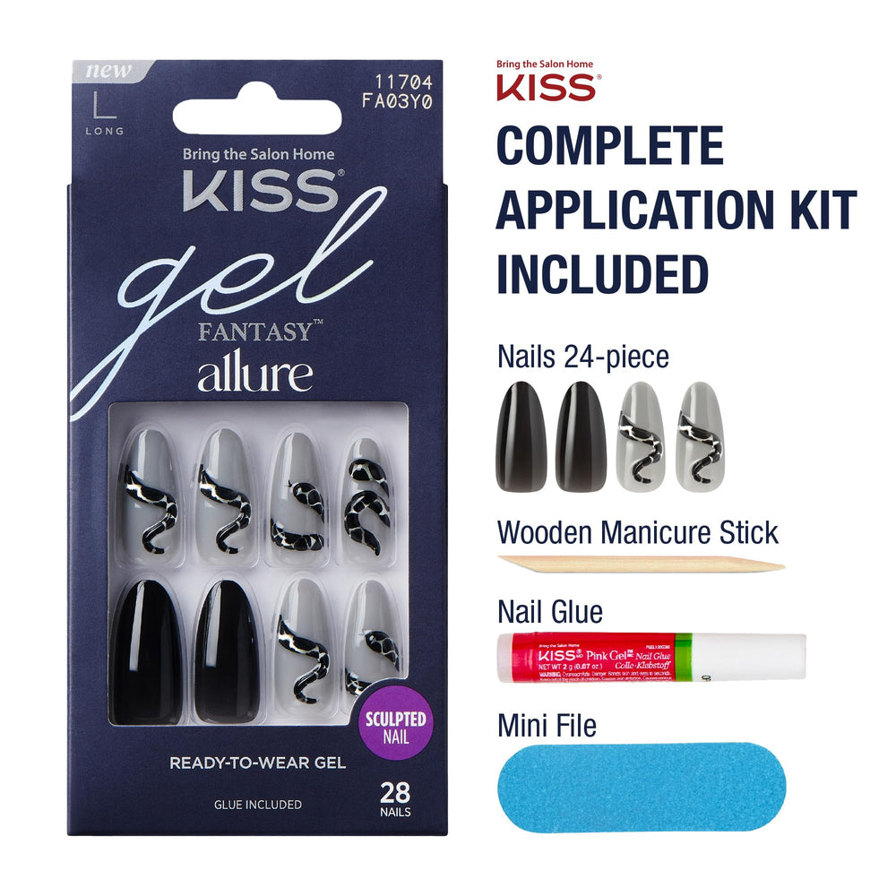 KISS glue, file and manicure stick displayed for easy DIY application benefit