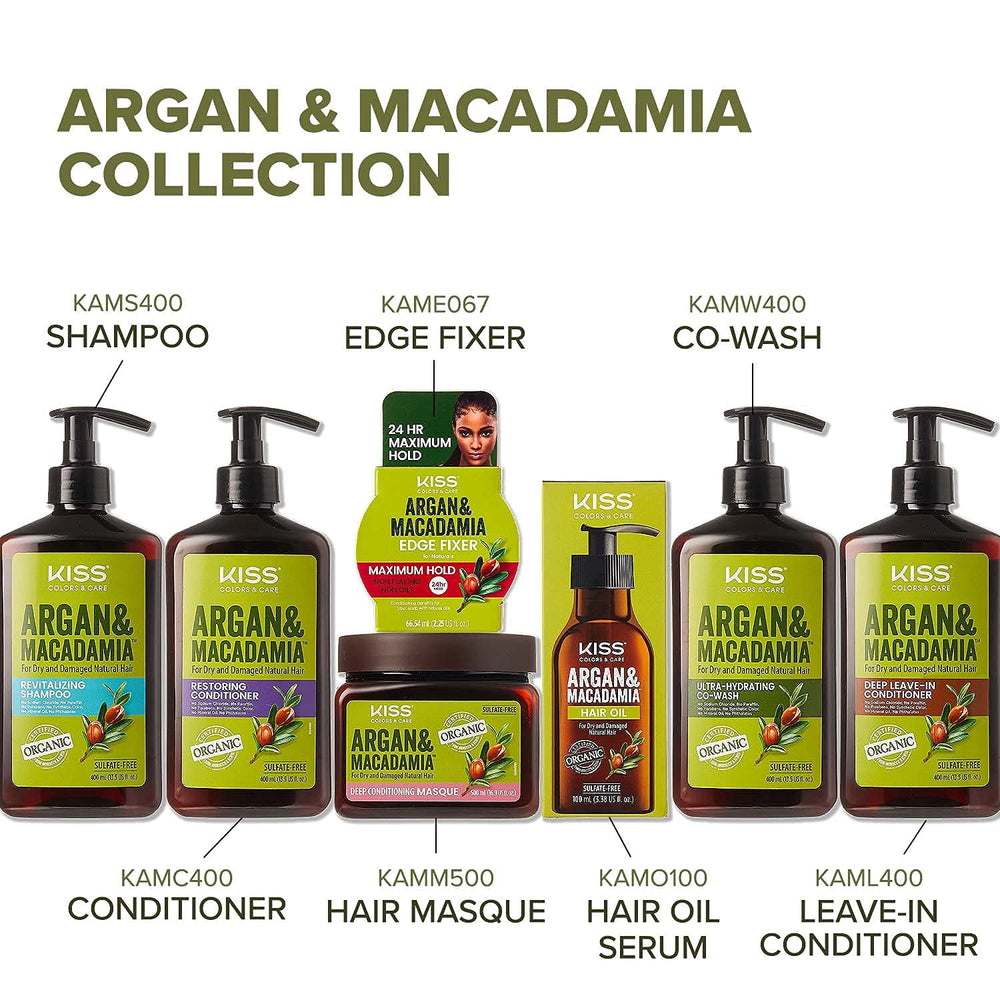 KISS argan and macadamia ingredient bottles evoking natural nourishing oils