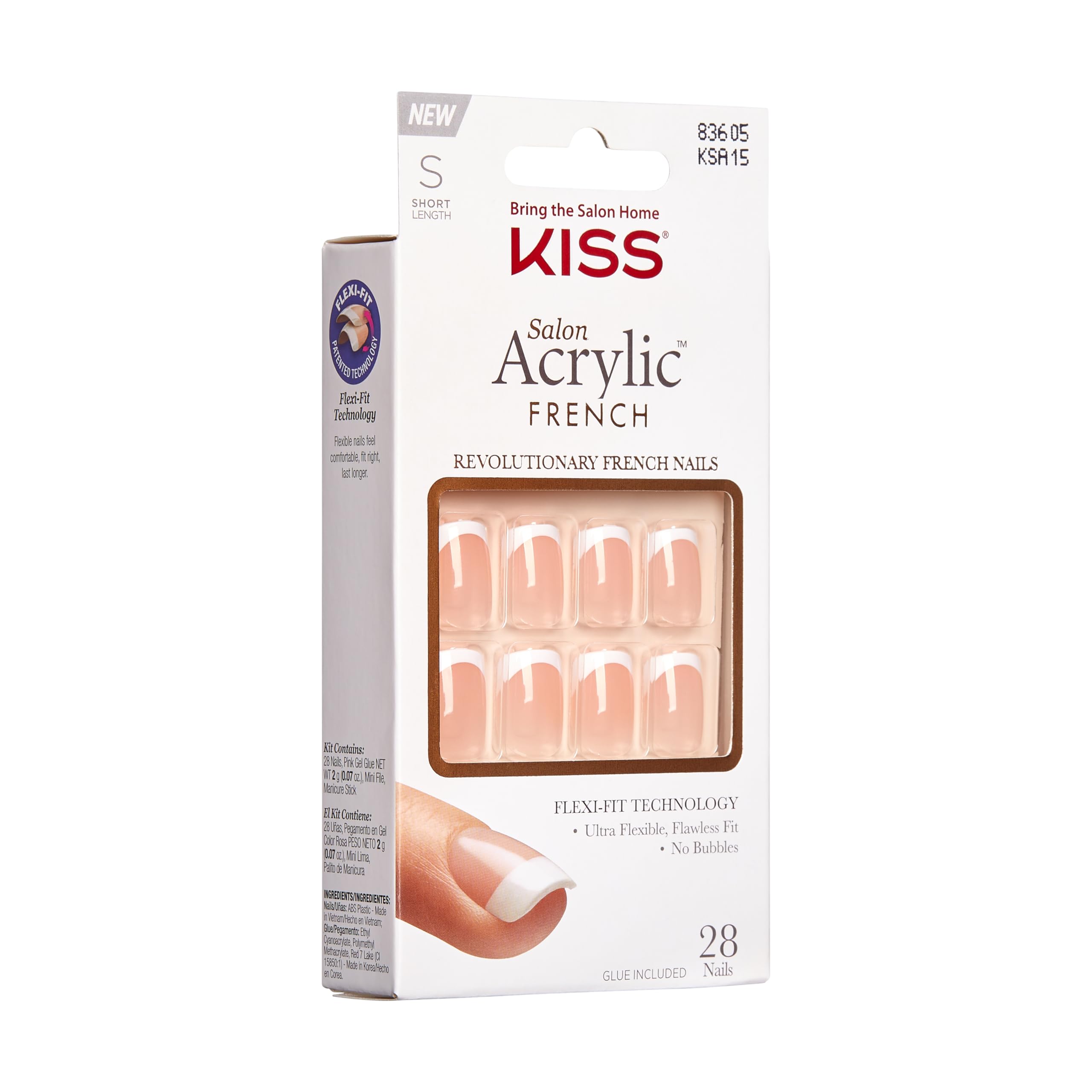 KISS close-up of nude base and white French tips highlighting acrylic-infused flawless finish benefit
