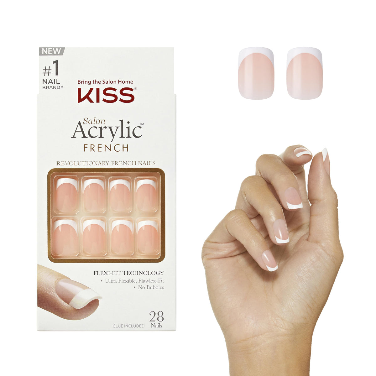 KISS 'Bonjour' front packaging showing 28 nails and included kit for easy at-home salon results