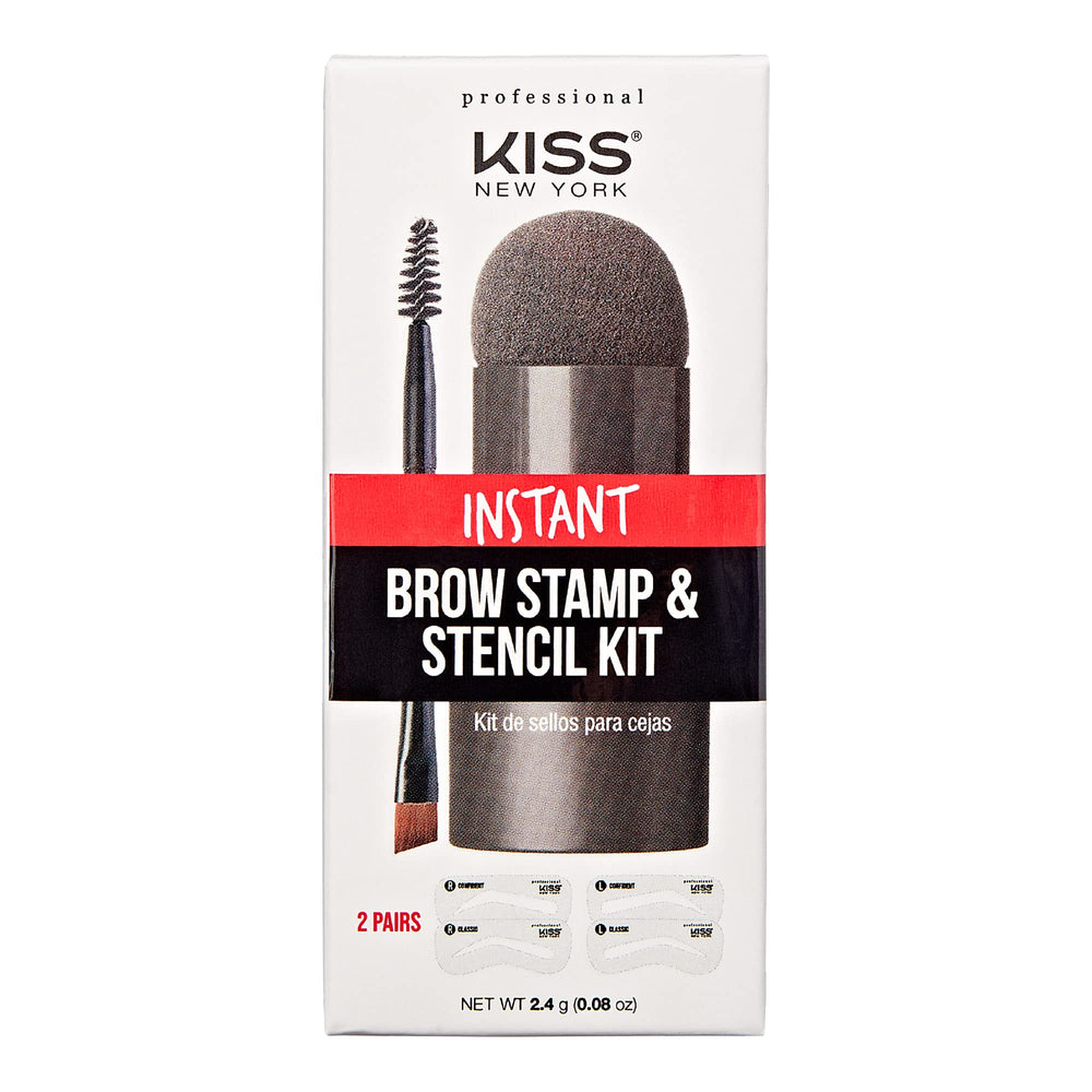 Kiss brow kit front packaging showing product and color black brown benefits quick shaping