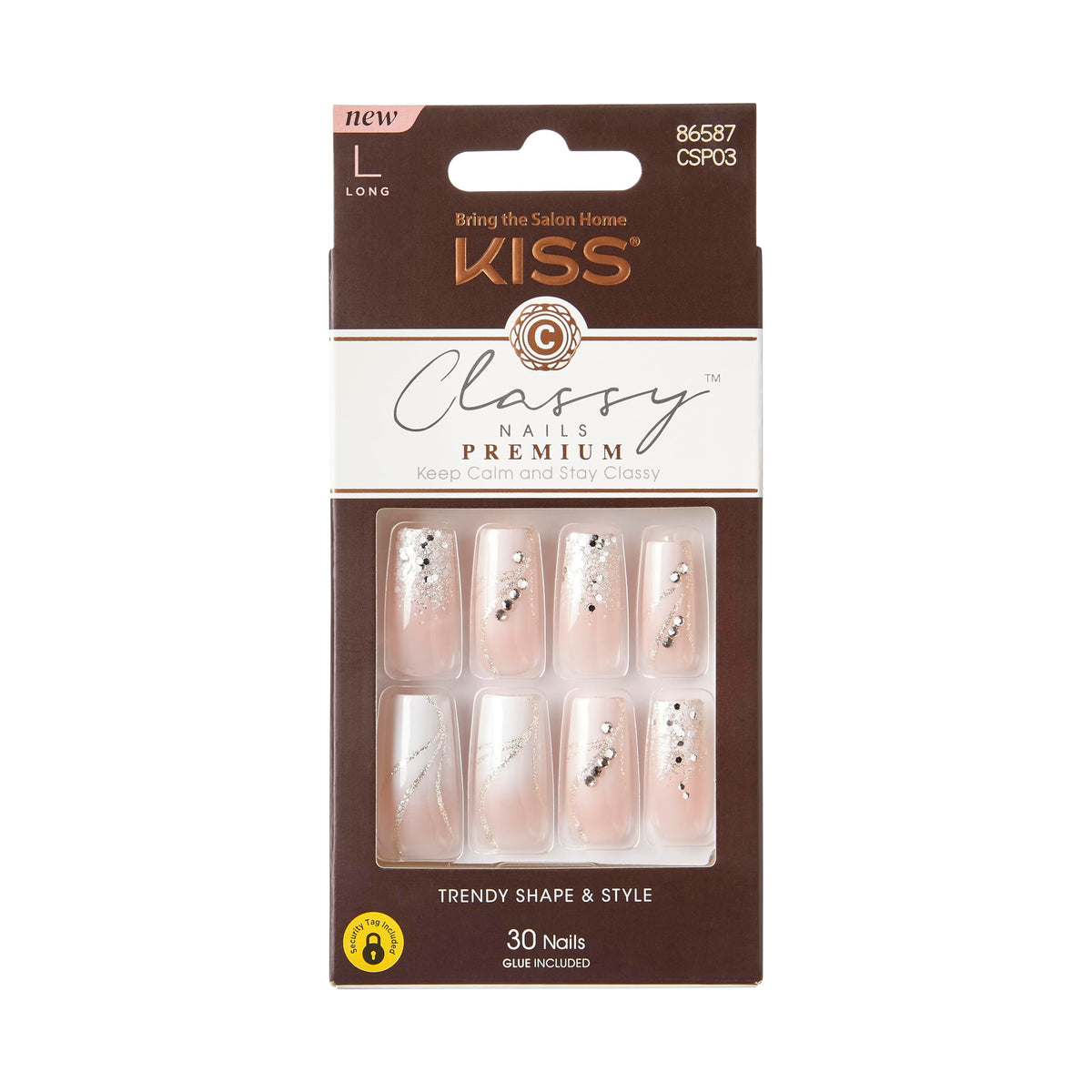 KISS front packaging showing 30 press-on nails and glam design benefit: ready-to-wear convenience