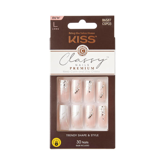 KISS front packaging showing 30 press-on nails and glam design benefit: ready-to-wear convenience