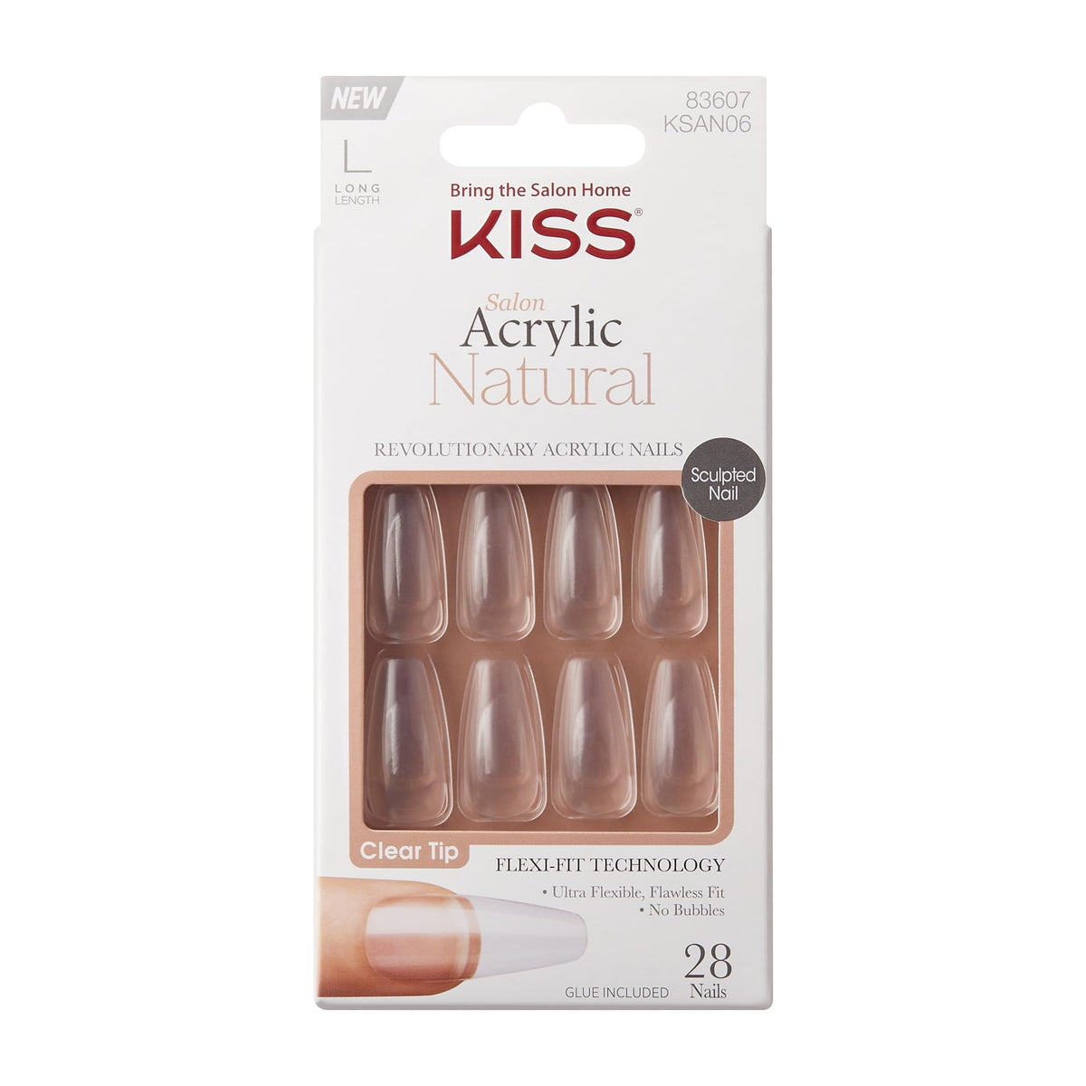 KISS front packaging showing clear long nails and included glue for quick salon results