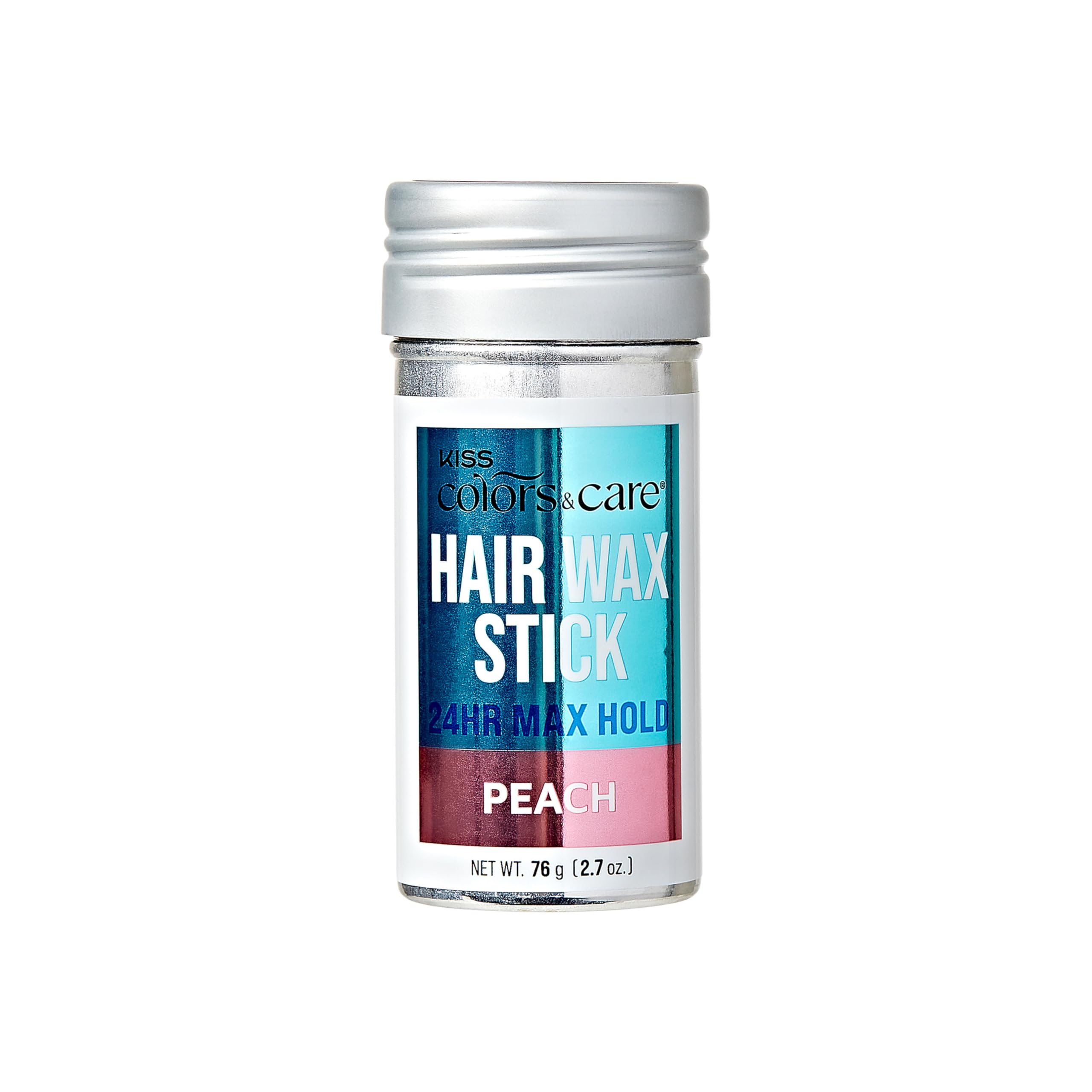 KISS COLORS & CARE front packaging showing peach-scented wax stick benefit: travel-ready hold