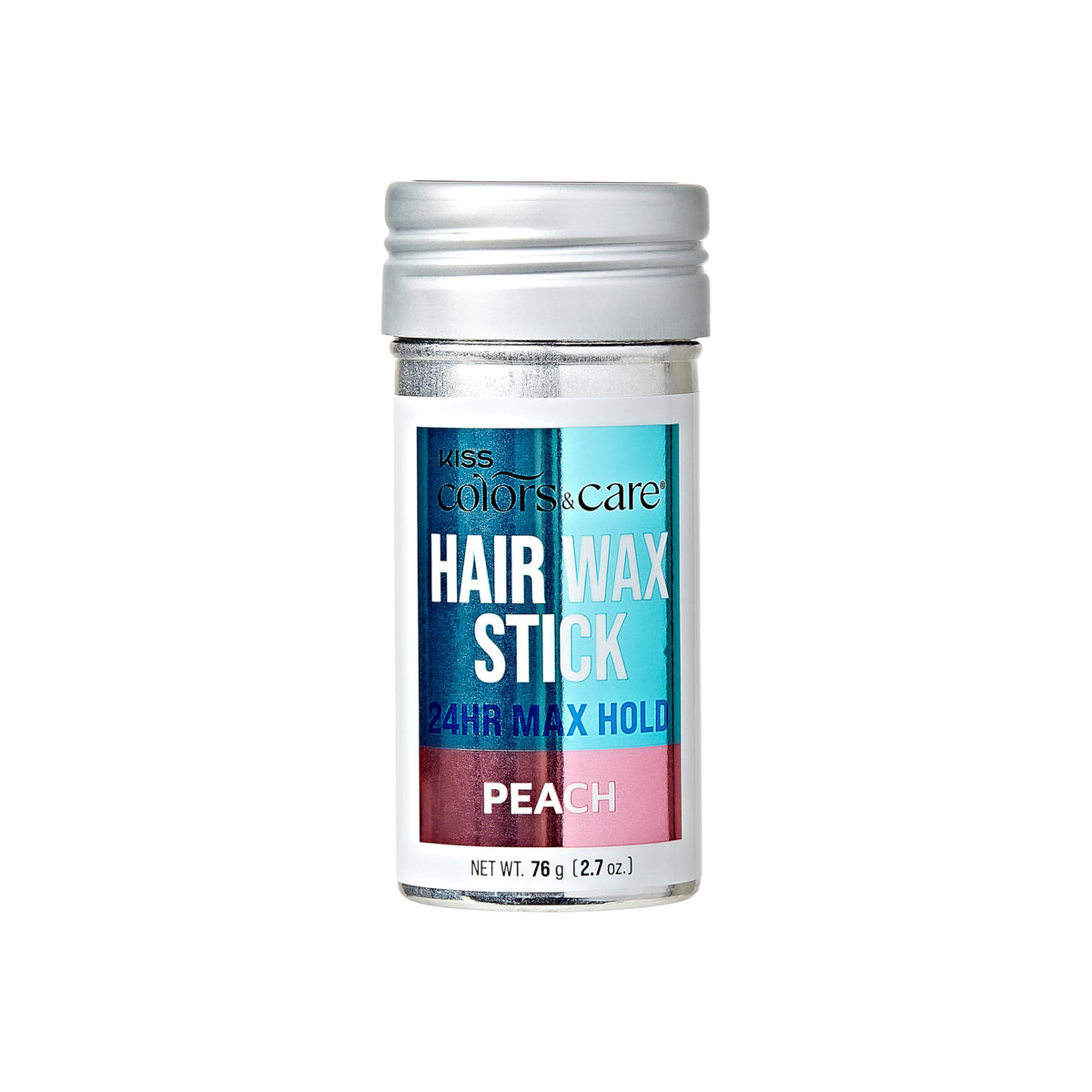 KISS COLORS & CARE front packaging showing peach-scented wax stick benefit: travel-ready hold