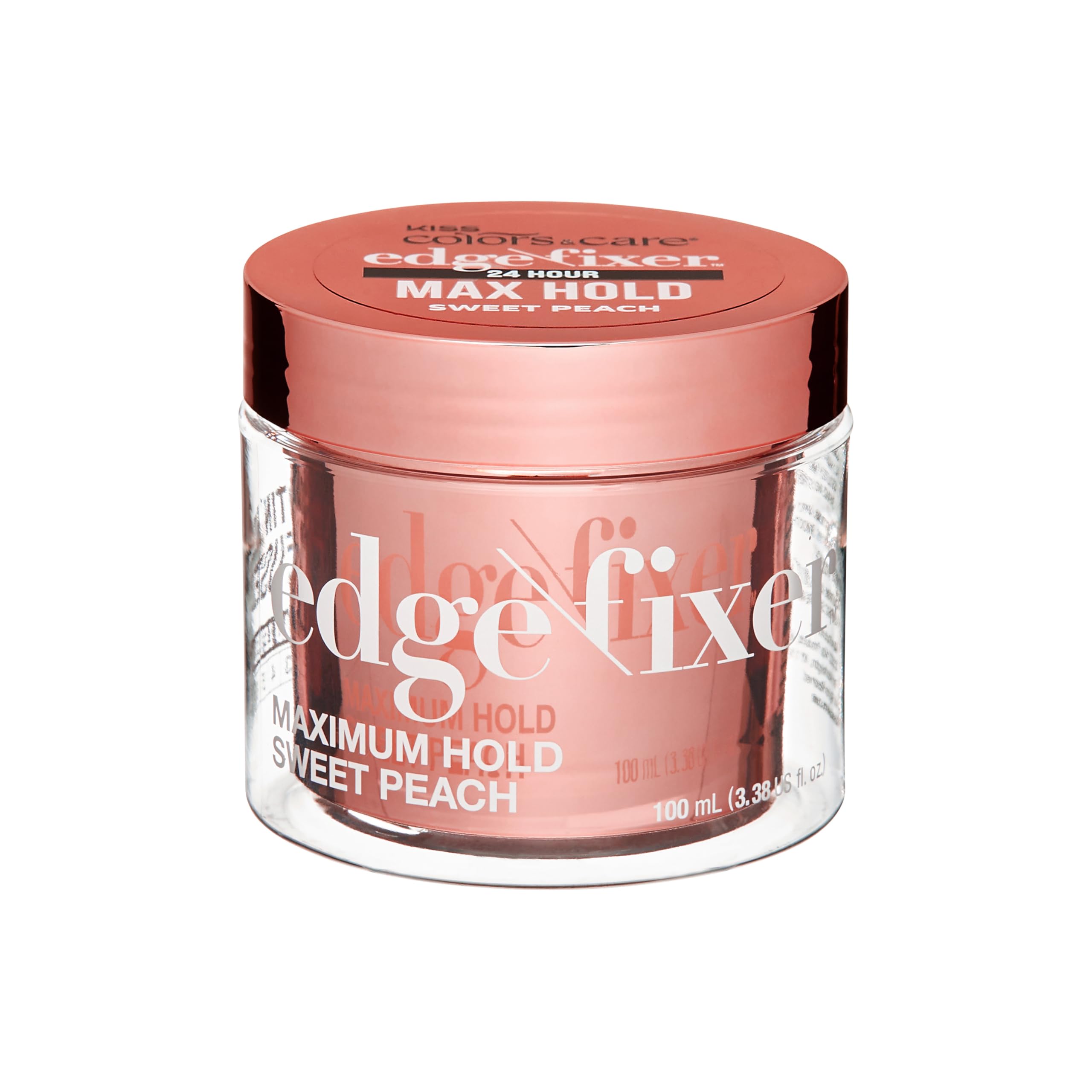 KISS COLORS & CARE front packaging showing Sweet Peach scent and 24-hour hold benefit