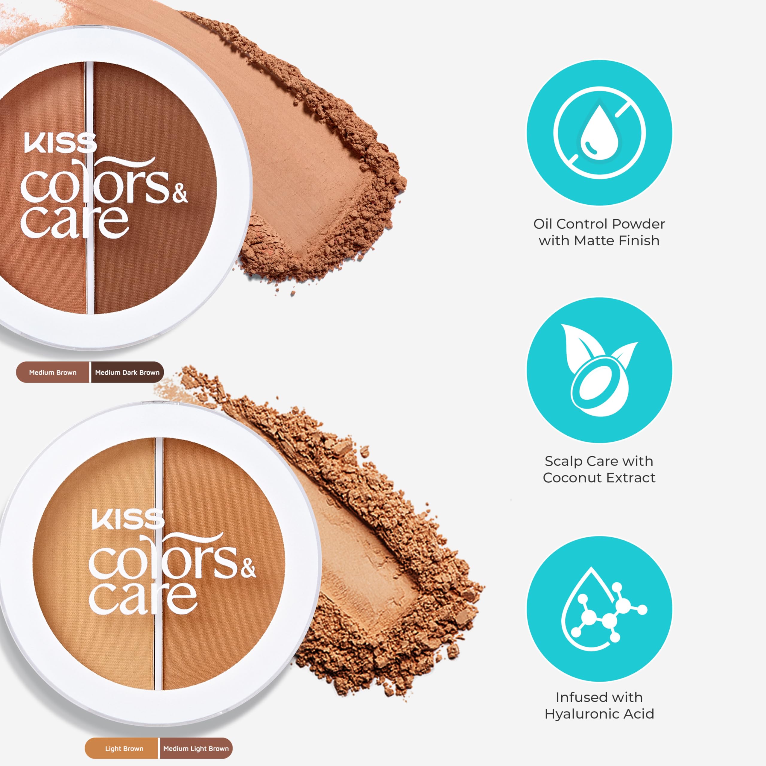 KISS COLORS & CARE close-up of two brown powder shades for accurate blending