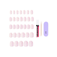 KISS glue, manicure stick, and mini file displayed with nails for complete kit convenience