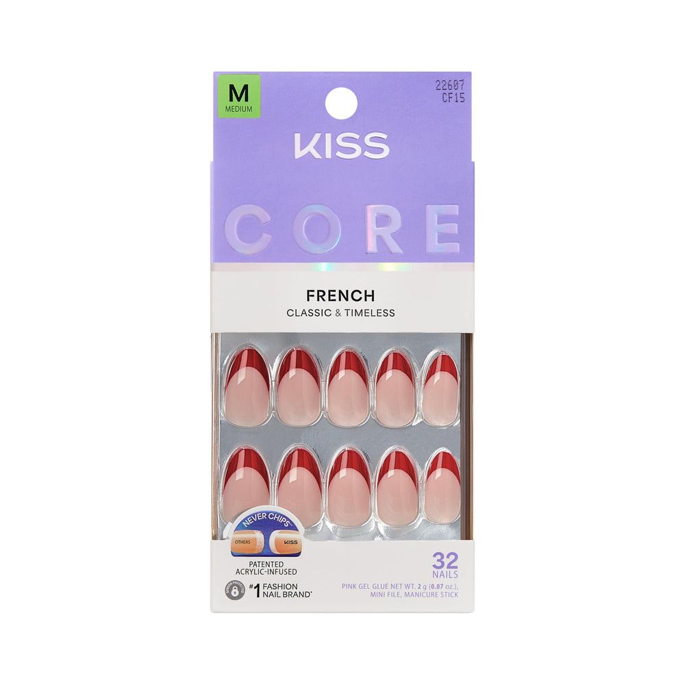 KISS front packaging showing Optimistic red nails and kit benefits