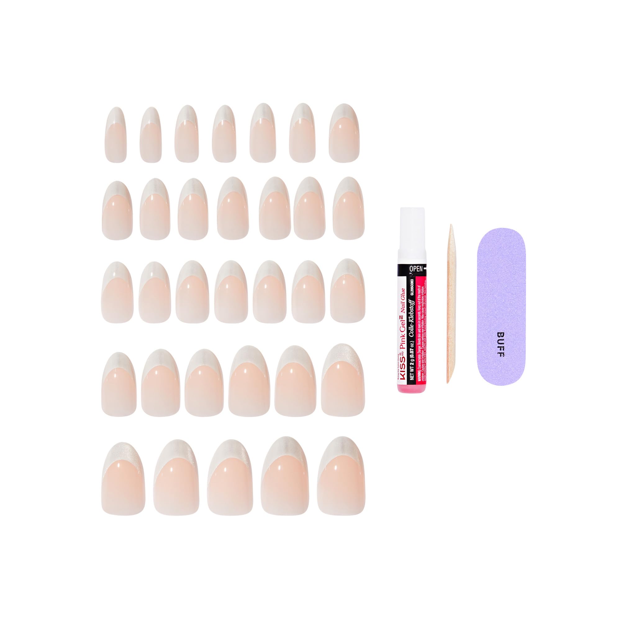 KISS Core flat lay of 32 nails, 2g glue, stick and mini file for complete kit