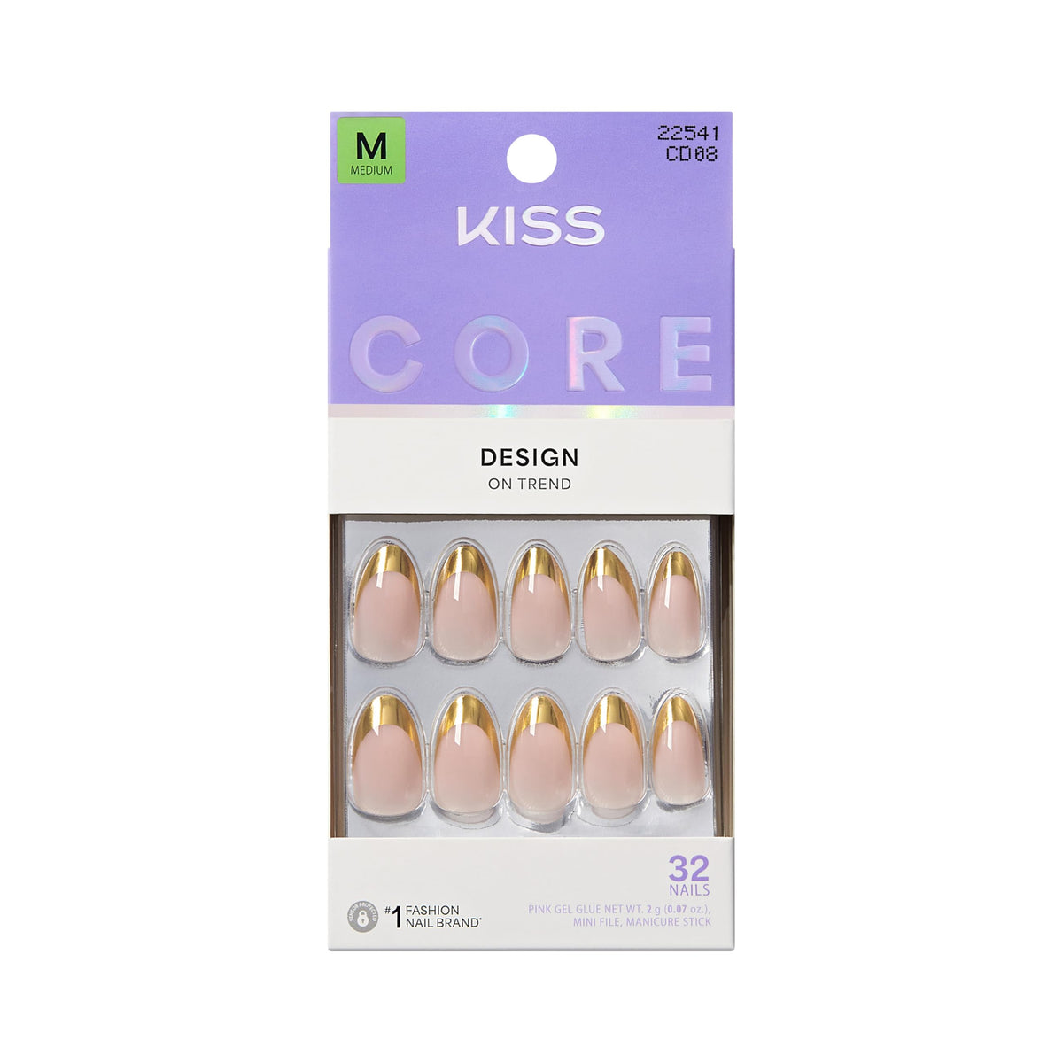 KISS front package showing beige almond press on nails and tools for easy selection