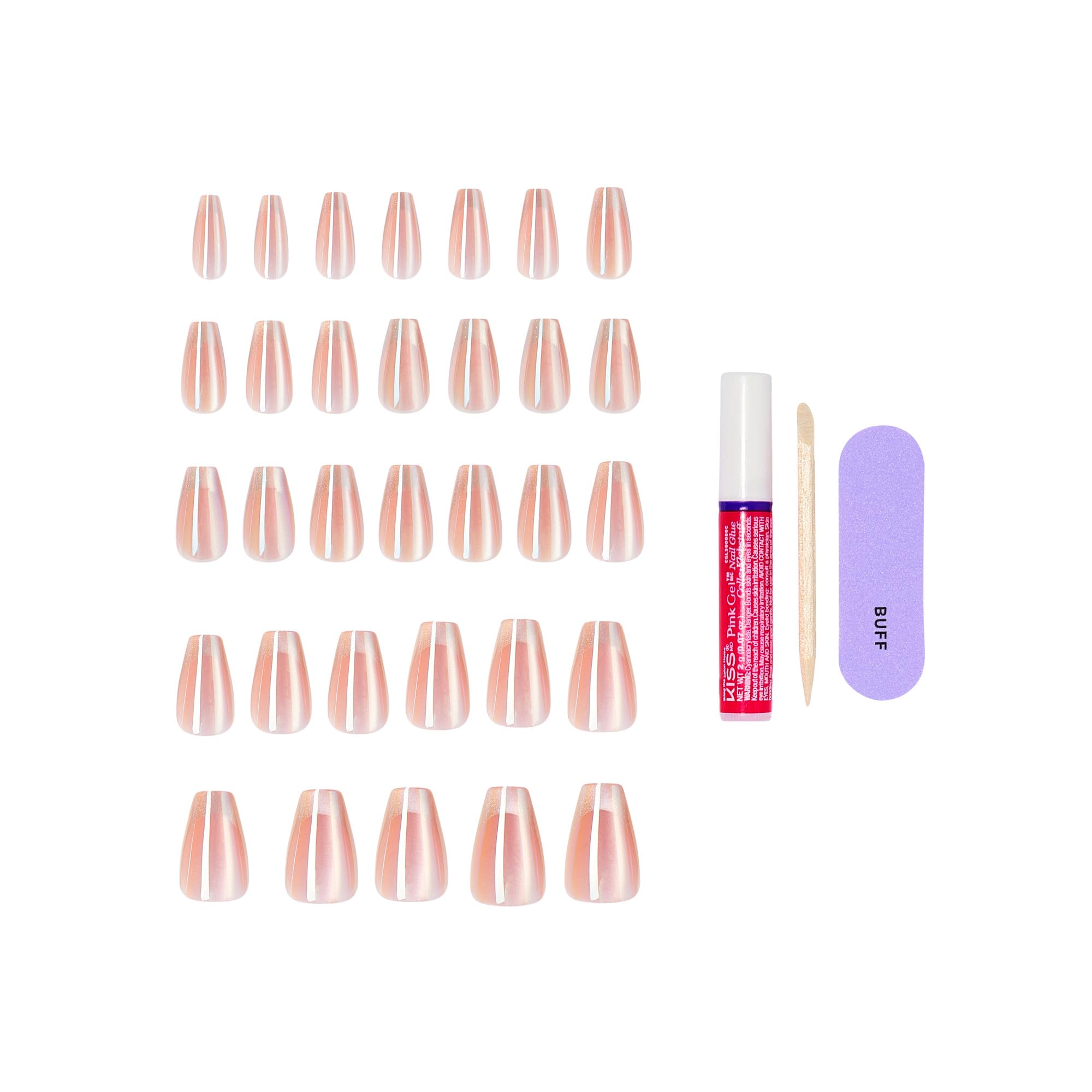 KISS kit laid out with 2g glue, mini file, and manicure stick included