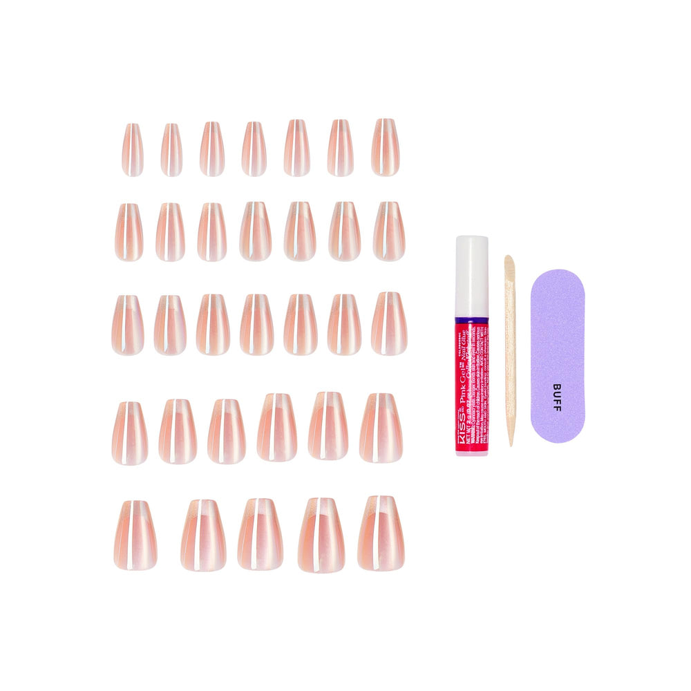 KISS kit laid out with 2g glue, mini file, and manicure stick included