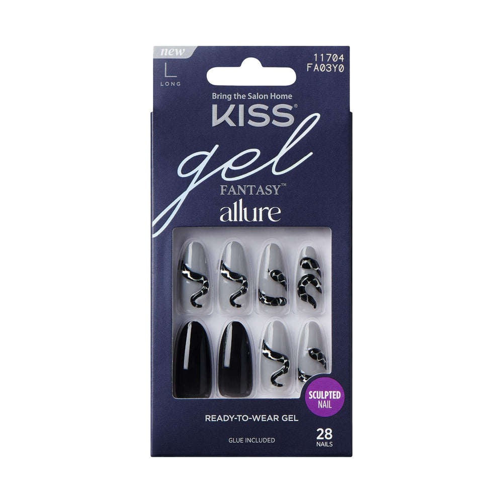KISS front packaging showing 28-piece long almond press-on set and variety benefit