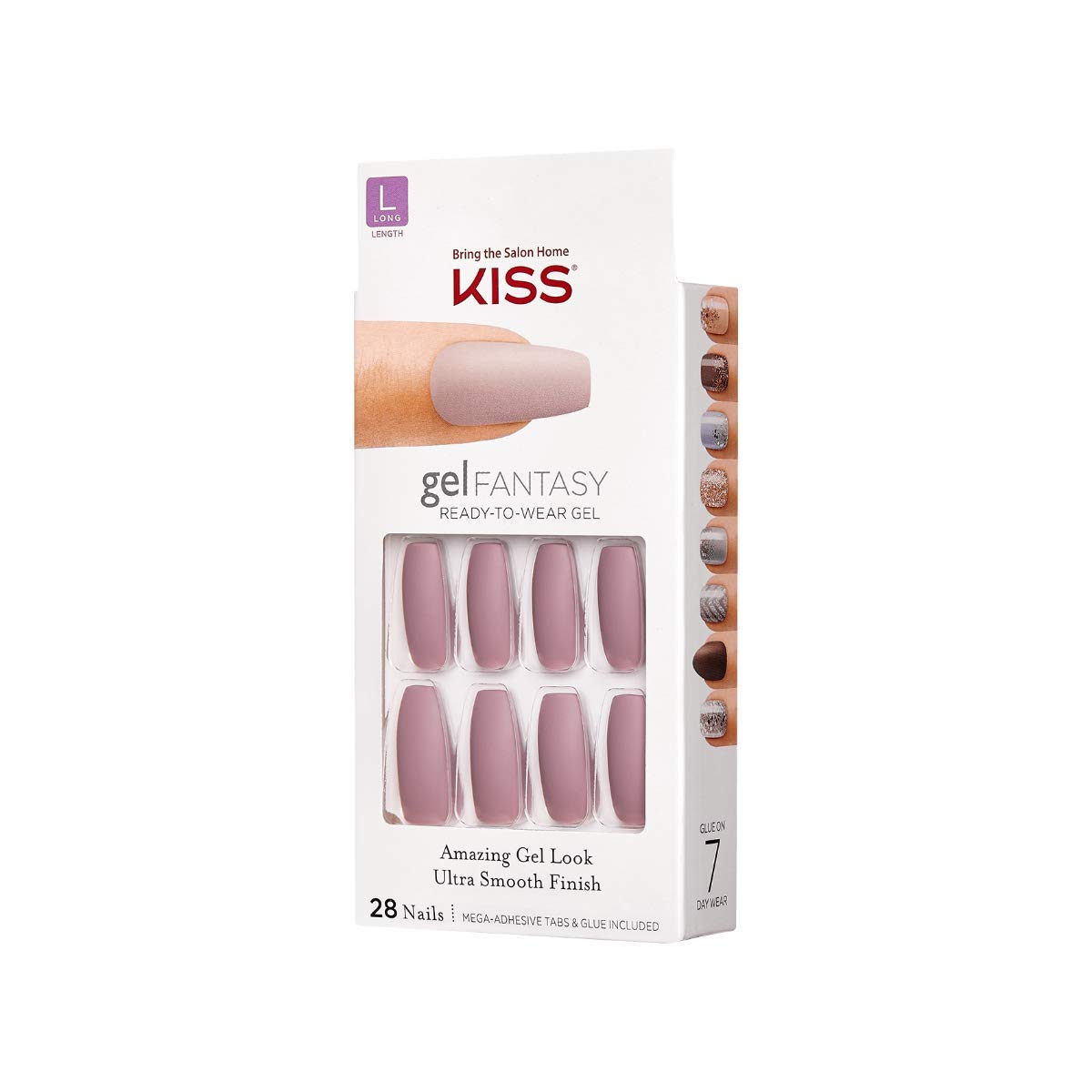KISS spread of 28 dark pink press-ons displaying sizing and immediate styling benefit