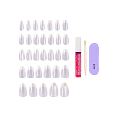 KISS Glam kit contents with 2g glue, mini file, and manicure stick for full application