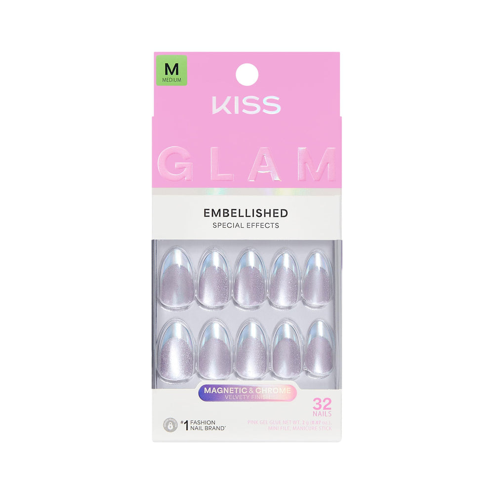 KISS Glam front packaging showing pink almond set and included tools benefits quick setup