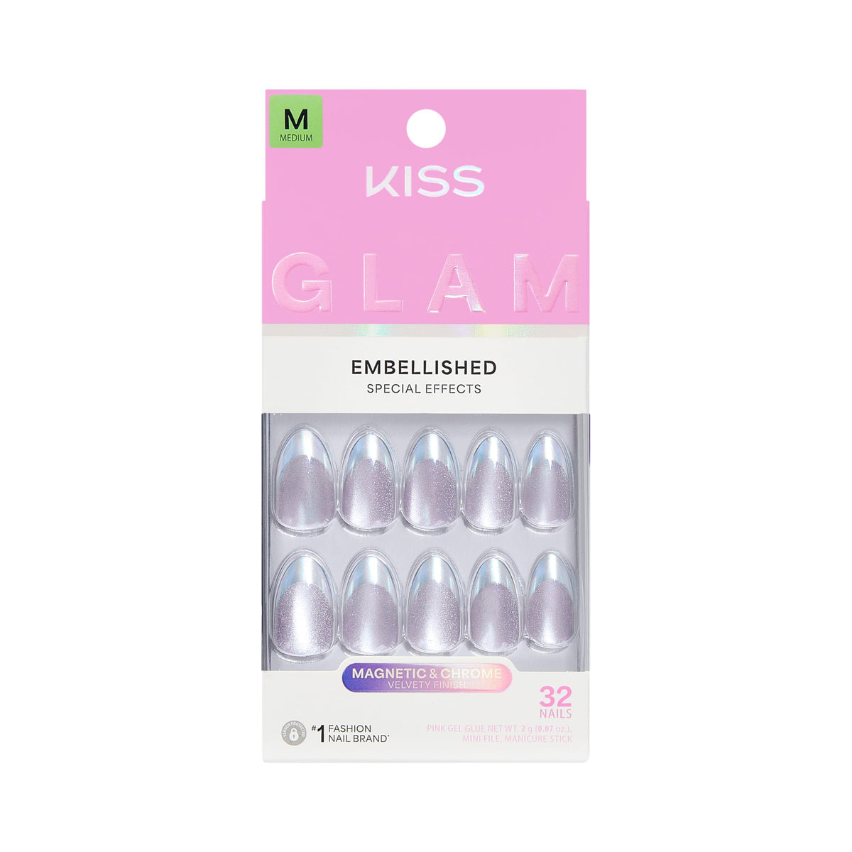 KISS Glam front packaging showing pink almond set and included tools benefits quick setup