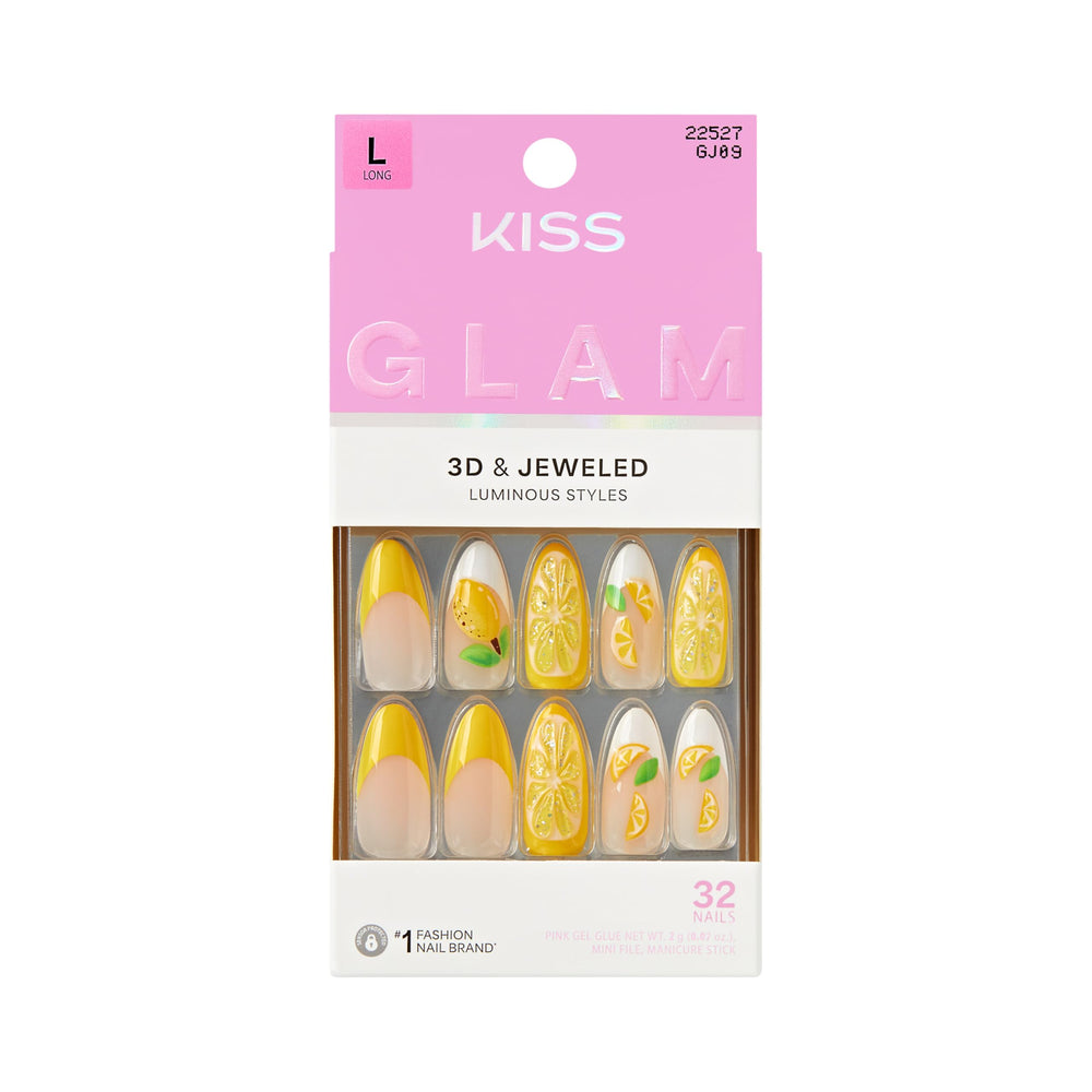 KISS Glam front packaging showing yellow long almond nails and kit contents