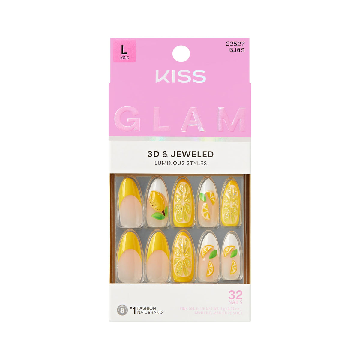 KISS Glam front packaging showing yellow long almond nails and kit contents