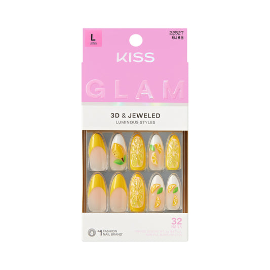 KISS Glam front packaging showing yellow long almond nails and kit contents