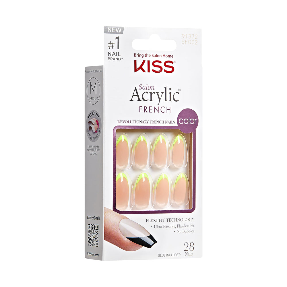 KISS Hype lifestyle image with outfit pairing for bold neon manicure inspiration