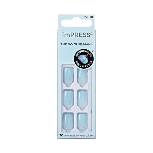 Kiss imPRESS front packaging showing Cloud Blue press-ons and included tools for instant mani